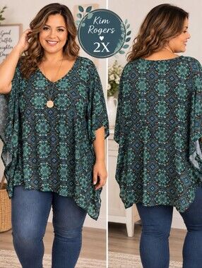 Kim Rogers Plus Size Boho Poncho Kaftan Top Colorful Medallion Print Flowy Tunic